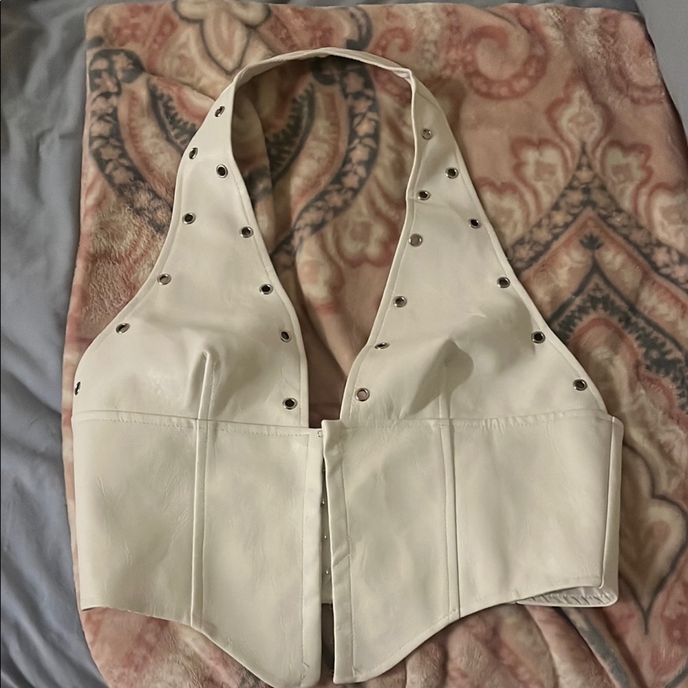 White Studded Halter Leather Vest